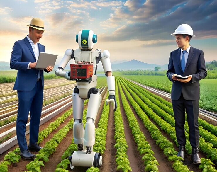 A futuristic robot walks through a field of crops alongside a farmer and an engineer showcasing the potential of automation in agriculture