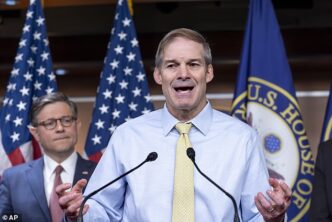 Rep. Jim Jordan, R-Ohio, chairman of the House Judiciary Committee, joined at left by Speaker of the House Mike Johnson, R-La., talks to reporters about the pending vote to find Attorney General Merrick Garland in contempt of Congress, at the Capitol in Washington, Wednesday, June 12, 2024. (AP Photo/J. Scott Applewhite)