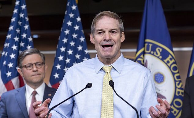 Rep. Jim Jordan, R-Ohio, chairman of the House Judiciary Committee, joined at left by Speaker of the House Mike Johnson, R-La., talks to reporters about the pending vote to find Attorney General Merrick Garland in contempt of Congress, at the Capitol in Washington, Wednesday, June 12, 2024. (AP Photo/J. Scott Applewhite)