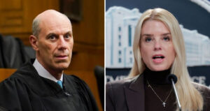 Attorney General Pam Bondi, right, has questioned federal Judge James E. Boasberg's demands for information about illegal immigrants who were flown to El Salvador Saturday. (Carolyn Van Houten - The Washington Post / Getty Images; Anna Moneymaker / Getty Images )