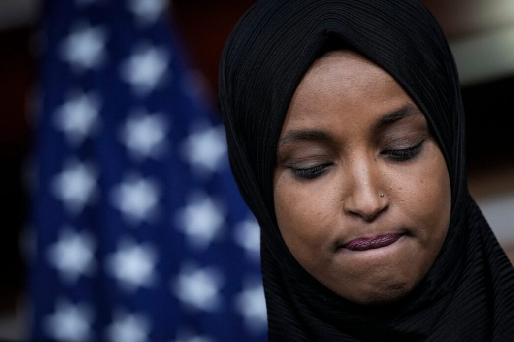 Rep. Ilhan Omar (D-Minn.) pauses during a news conference about Islamophobia on Capitol Hill on November 30, 2021, in Washington, D.C. Photo by Drew Angerer/Getty Images