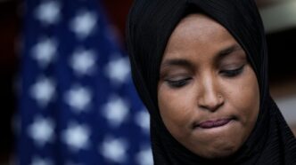 Rep. Ilhan Omar (D-Minn.) pauses during a news conference about Islamophobia on Capitol Hill on November 30, 2021, in Washington, D.C. Photo by Drew Angerer/Getty Images