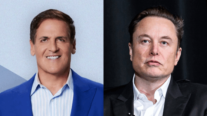 On the left is Mark Cuban, a billionaire entrepreneur and owner of the NBA's Dallas Mavericks. On the right is Elon Musk, the business magnate behind Tesla, SpaceX, and X.